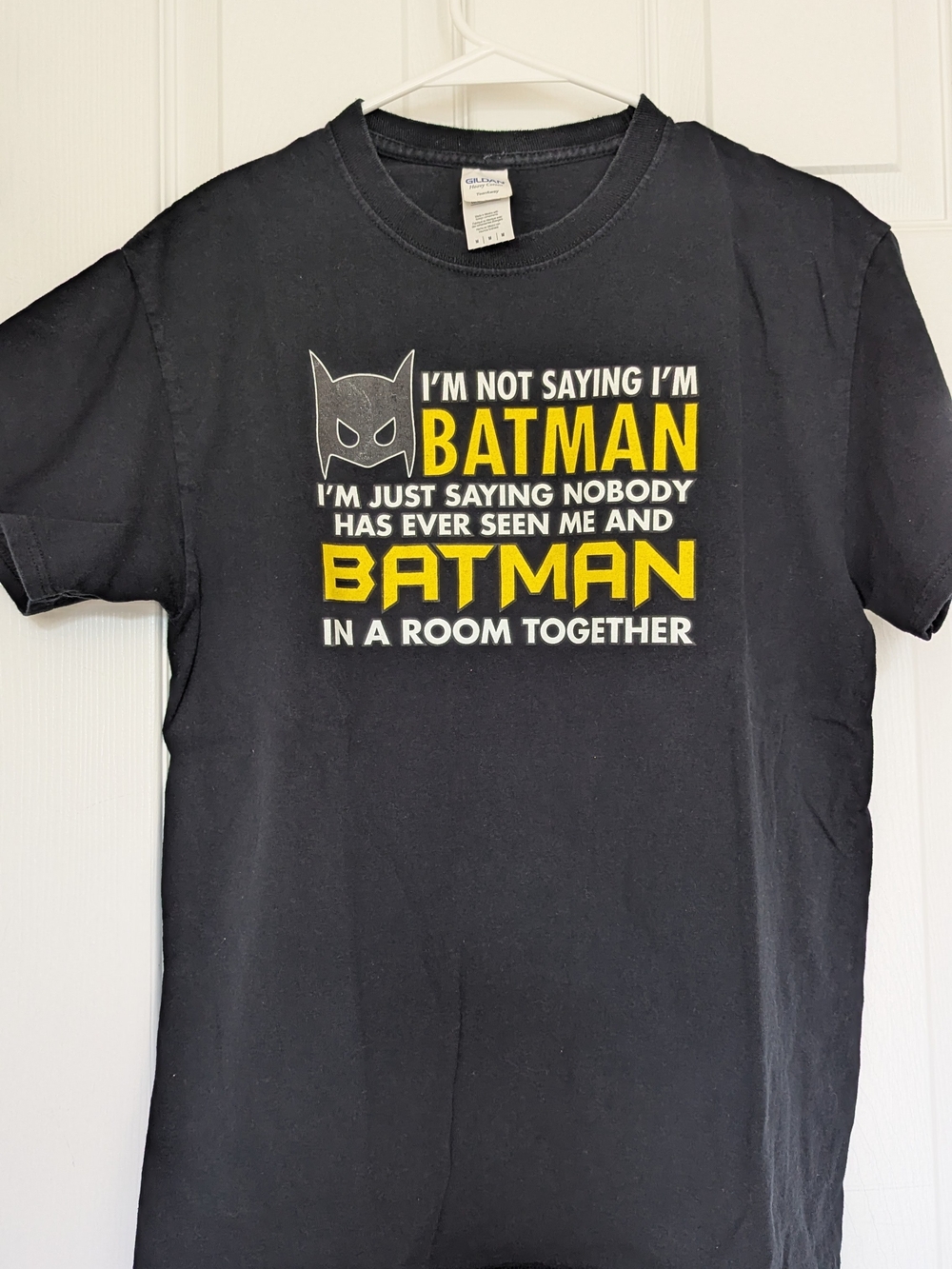 Gildan Black Tee with Yellow Batman Text and Mask Graphic